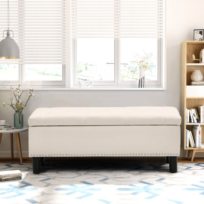 Banc de rangement avec repose-pieds avec pieds en bois, banc de chambre rembourré avec capitonnage à boutons, banc de rangement avec éponge résiliente haute densité pour chambre à coucher, lin