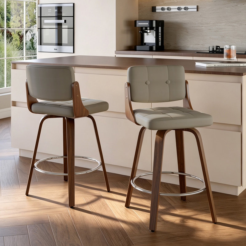 Tabouret de comptoir pivotant en cuir moderne de 26 po avec structure en bois robuste, Gris