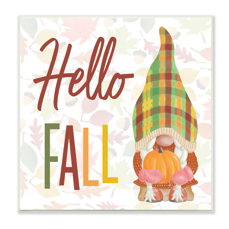 «Hello Fall Cozy Tartan Gnome» tenant une citrouille noire, estampe numérique, art texturé par Andi Metz, Plaque murale