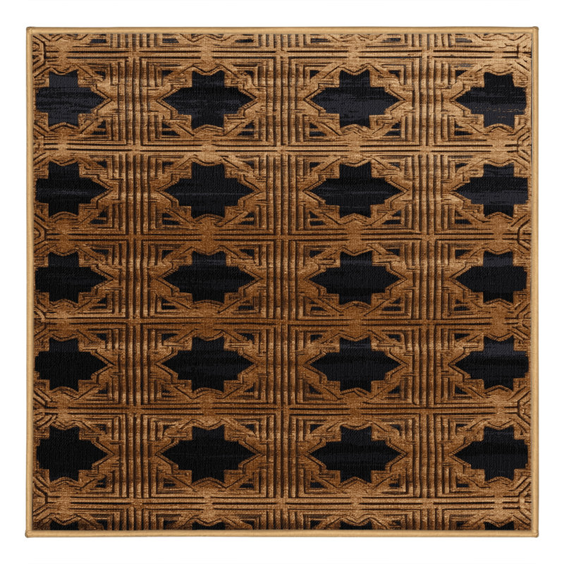 Machine Washable Art Deco Brown Area Rug, Square 4'