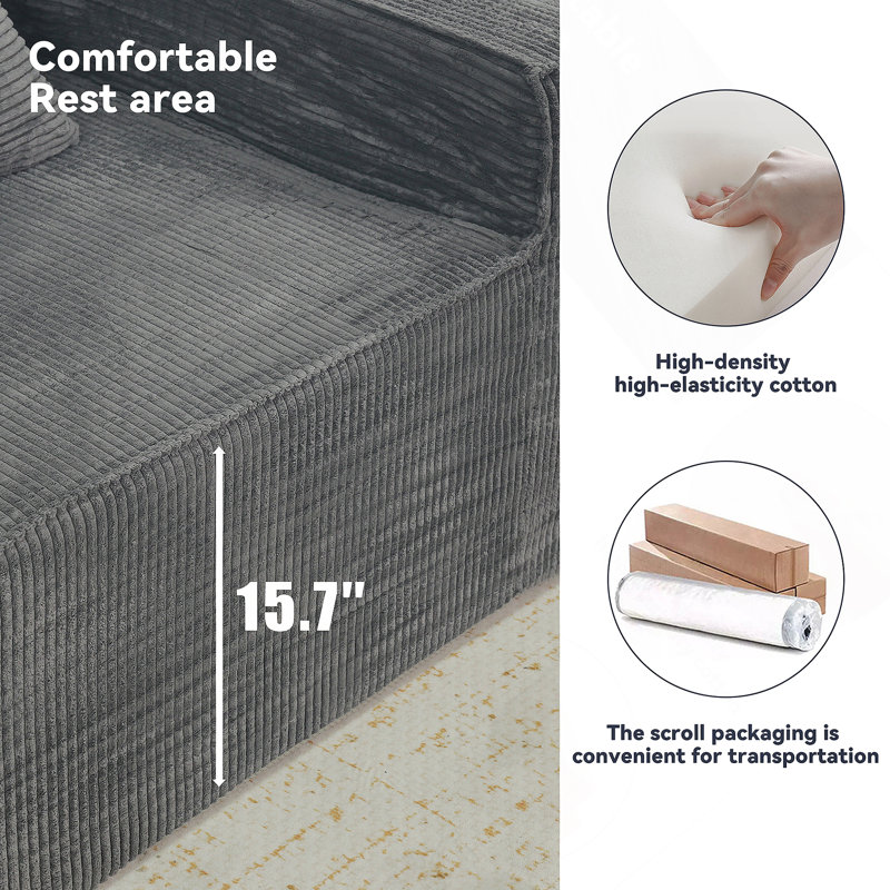 Canapé modulaire convertible 3 places Modern, Velours côtelé gris foncé