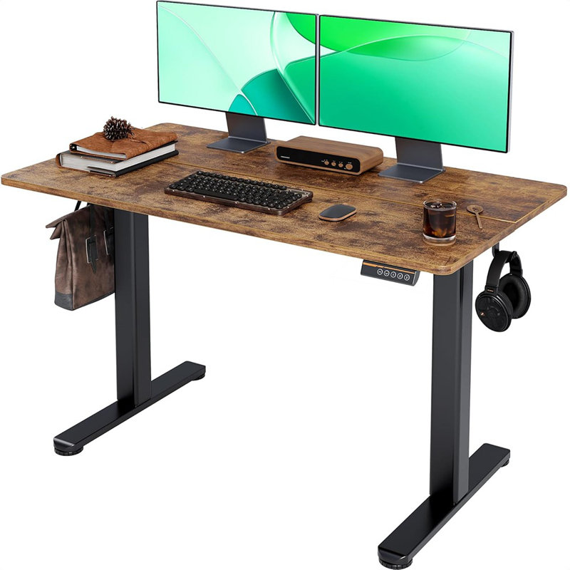 Bureau électrique debout, bureau à hauteur ajustable, bureau assis-debout 24 po x 48 po avec planche de raccordement, cadre noir / plateau brun rustique