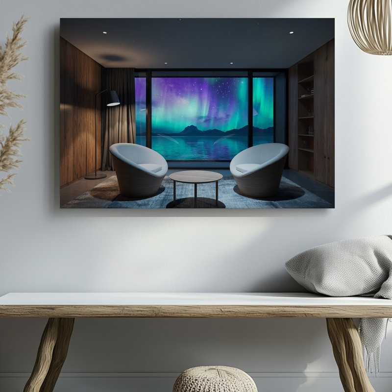 Toile, cadre intérieur serein, comprenant un art mural moderne et confortable avec deux fauteuils blancs incurvés élégants et un art mural minimaliste