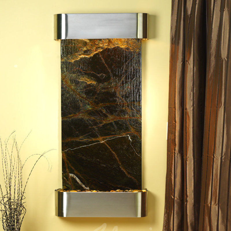 Cascade Springs Handcrafted Indoor Natural Stone Waterfall Fountain with Lights, Rainforest Green Marble, Stainless Steel