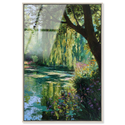 Reflets au bord de l'étang, reproduction acrylique encadrée, décor paysager par Art Remedy, cadre argenté, 24 x 36