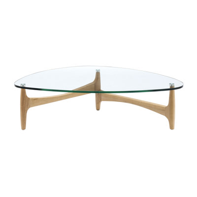 Table basse Etna en verre trempé transparent avec base naturelle