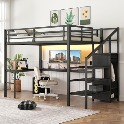 Space‑Saving Metal Loft Bed with L‑Shaped Desk, Wardrobe, USB Charging & Adjustable Shelf – Queen by Isabelle & Max