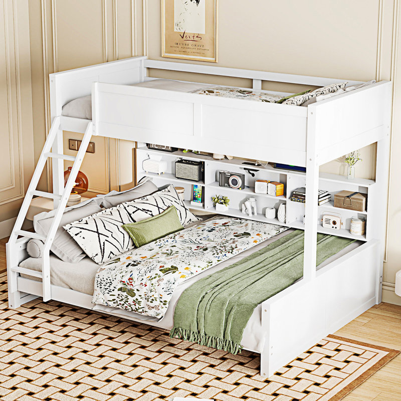 Lit superposé avec armoires de rangement et ports USB, Blanc antique