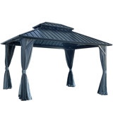 Pavillon de jardin à toit rigide 10 pi x 12 pi avec double toit en acier galvanisé, structure en aluminium robuste, rideaux et filet pour patio