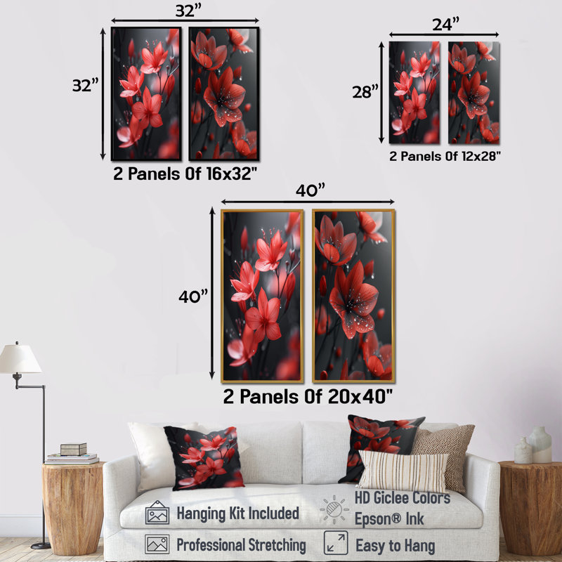 Ensemble de 2 fleurs monochromes rouges et noires d'hiver I - Flowers, H 40 po x l 40 po, Cadre flottant noir