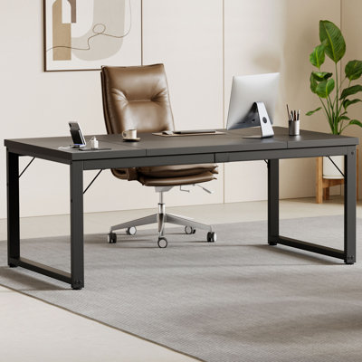 63 inch Writing Desk with Power Outlets, 1.2" Thick Computer Desk,28'' Wider Office Table,3‑Piece Spliced Board,Black