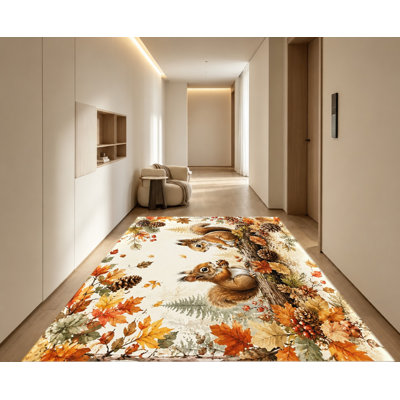 Tapis artistique à motif de forêt d'écureuil, motif de pommes de pin à feuilles d'automne, couleurs vibrantes, surface en velours, tapis antidérapant lavable à la machine, charmante décoration intérieure pour salon, chambre à coucher, bureau et appartement