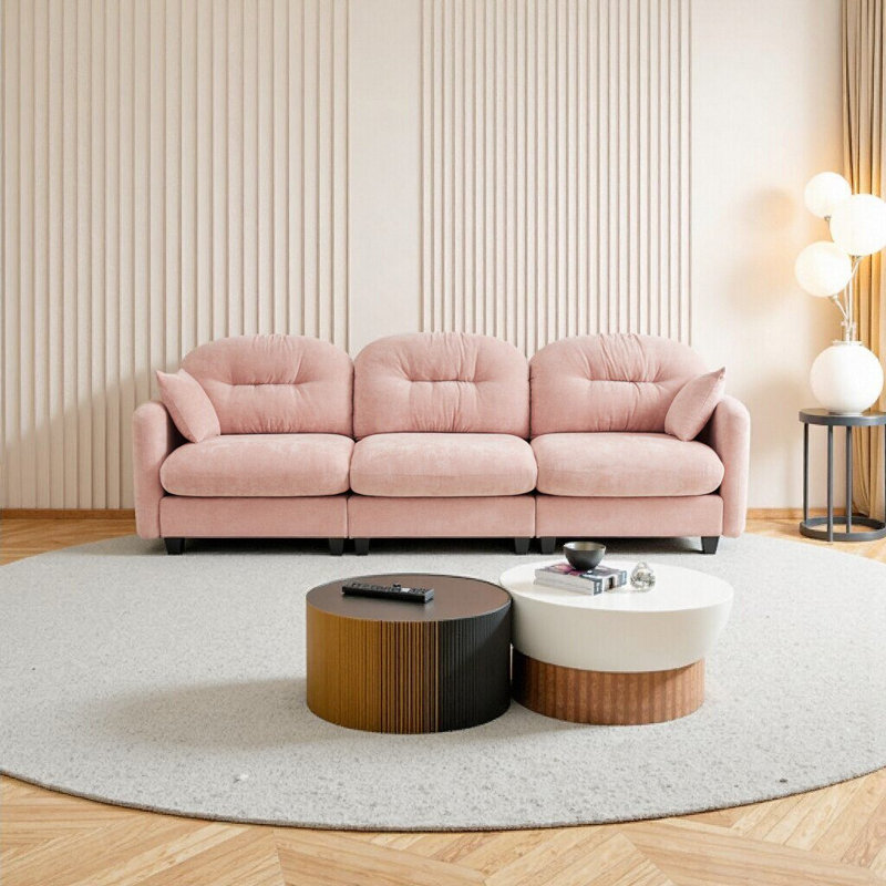 Canapé modulaire élégant à trois places rose - Tissu chenille doux, conception plissée matelassée, confort ergonomique pour le salon et la chambre à coucher