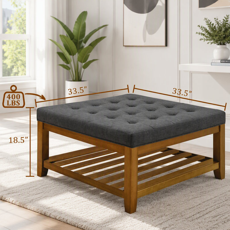 Pouf capitonné carré avec tablette en bois de hêtre, Mélange de lin gris foncé