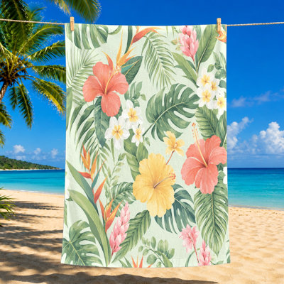 1 serviette de plage à motif floral tropical, imprimé hibiscus artistique et plumeria, bain à séchage rapide pour piscine, voyage, activités de plein air