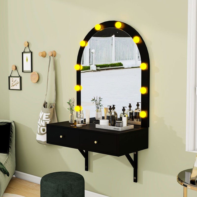 Wall Makeup Vanity with Charging Port, Drawers, Mirror and 3-Colour Lights, Black