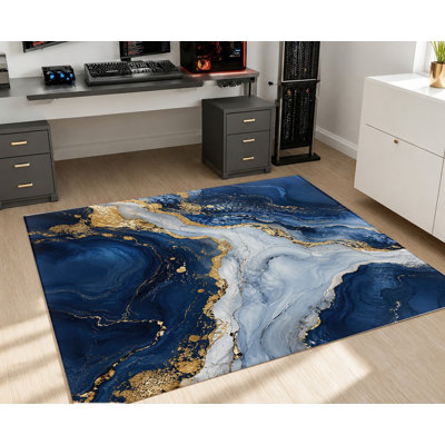 Tapis abstrait bleu et or à motifs tourbillonnants, motif marbré artistique, antidérapant, idéal pour le salon, la chambre à coucher, l'entrée, la cuisine, le balcon ou un appartement.