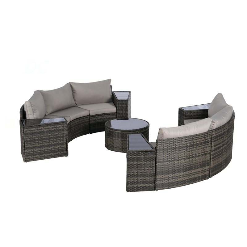 Outdoor Patio Furniture 11-Piece Half-Moon Sectional Round Patio Furniture Set Sofa With Tempered Glass Round Coffee Table