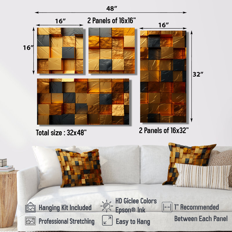 Grunge cubes abstraits géométriques IV - art mural géométrique abstrait grand 4 pièces, Doré