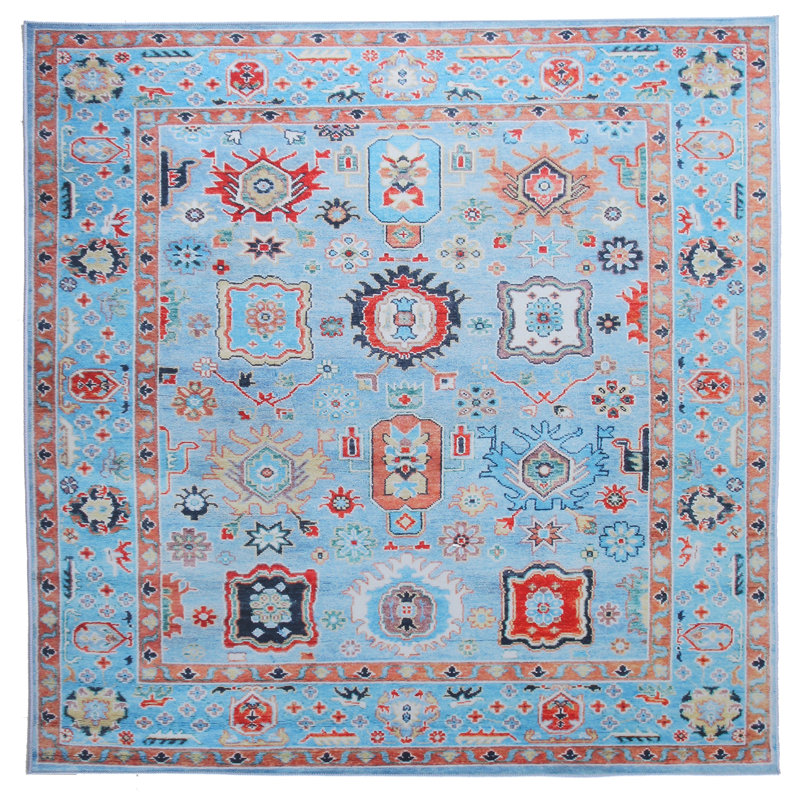 Tapis carré moderne bleu Oushak lavable à la machine avec rembourrage intégré et envers antidérapant, Carré 8 pi