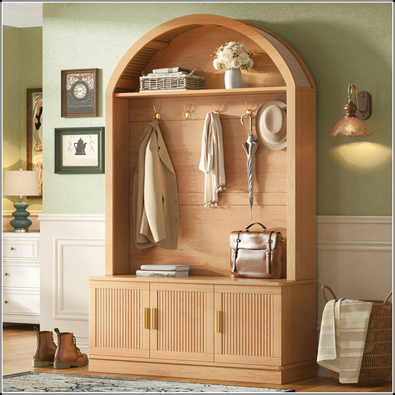 Farmhouse Arched Top Hall Tree with Fluted Doors and 5 Metal Hooks, Natural