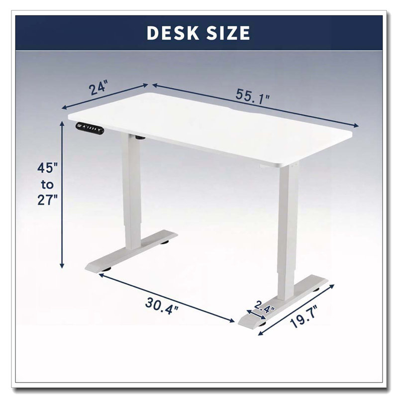 Bureau électrique à hauteur réglable, H 24 po x l 55 po x P 24 po, Blanc / blanc