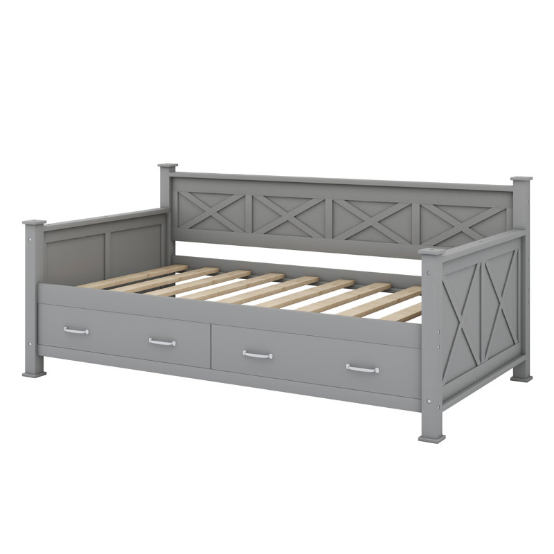 Daybed With 2 Large Drawers, X-Shaped Frame, Modern And Rustic Casual Style Daybed, Gray