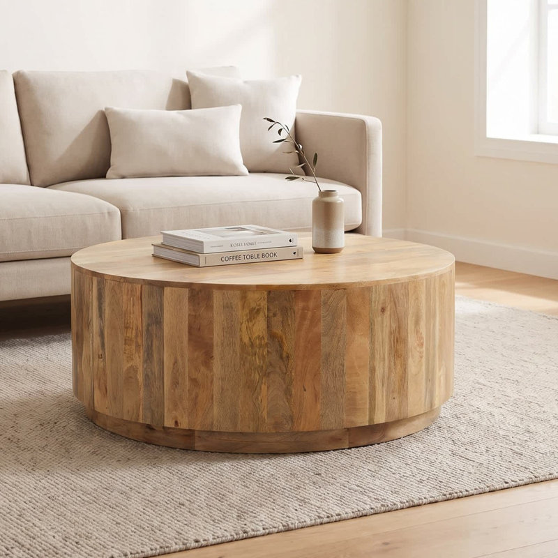 Rustic Brown 42" Round Handcrafted Mango Wood Coffee Table, Natural