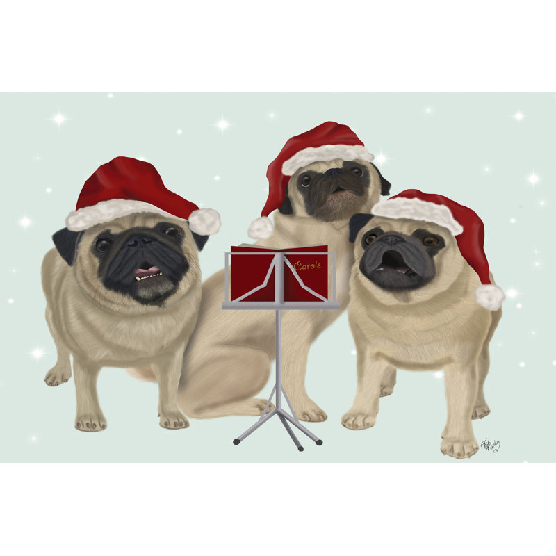 Christmas Pug Trio Carolling by Fab Funky - Wrapped Canvas Print, 30cm H x 46cm W