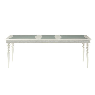 Table de salle à manger Platinum avec plateau extensible. Feuille de 20 po pour les grandes occasions. Bois de peuplier durable et composite. Strass en miroir décoré avec grâce. Argent, finition 88 po x 40 po 30 po