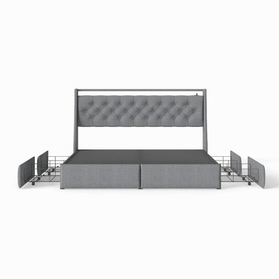 Cadre de lit plateforme en métal gris pour lit Queen, tête de lit avec rangement, éclairage DEL RVB et station de recharge.