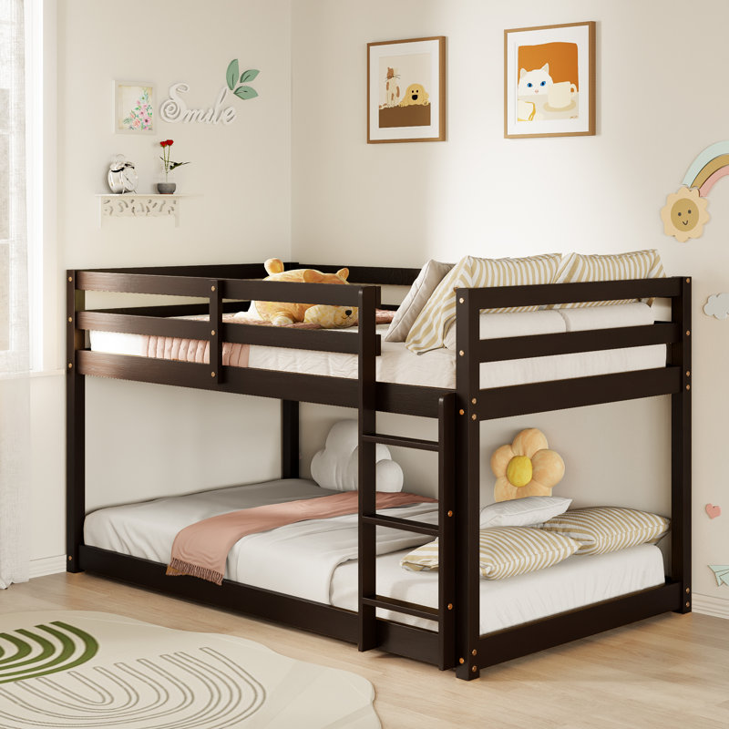 46.6" Low Bunk Bed for Kids, Solid Wood Twin over Twin with Full-Length Guardrails, Low Profile Design, Espresso
