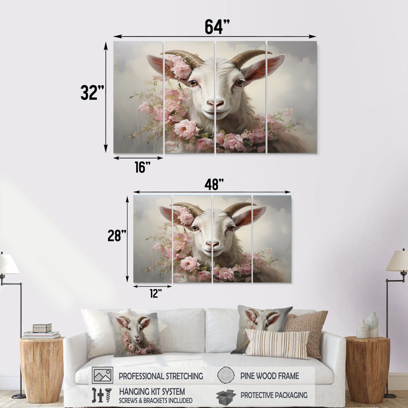 «White Billy Goat In Pink Floral Coller», ensemble de 4 décorations murales chèvre, H 32 po x l 64 po