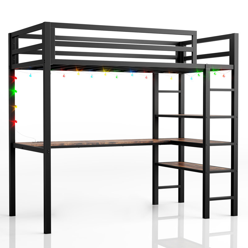 Loft Bed Twin Size with L Shaped Desk and Shelves, Metal Bed Frame Power Outlet and LED Lighted, Brown