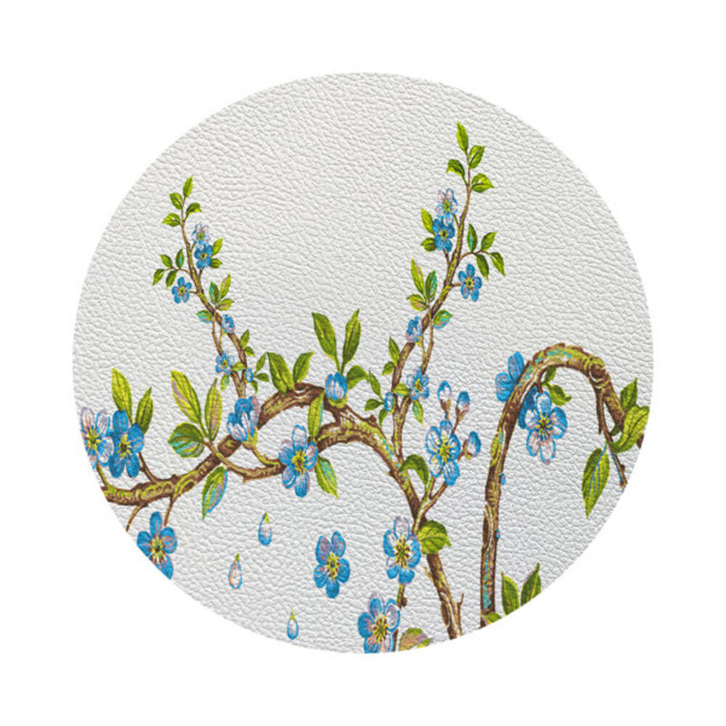 Cherry Blossom Red Vegan Leather Round Coasters, Blue