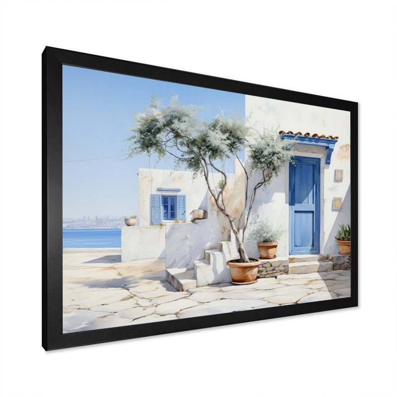Welke, Grèce, Cycladic Harmony II - Grèce, art mural, H 30 po x l 40 po x P 1,5 po, Cadre simple noir