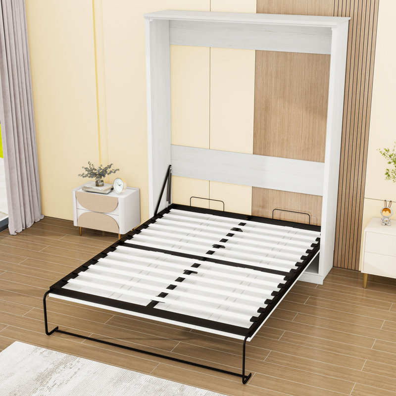Armoire lit escamotable grand avec système à double piston, Blanc rustique
