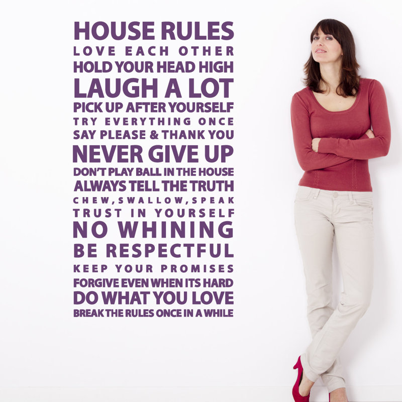 Décalcomanie murale citation "house rules", H 24 po x l 13 po x P 0,01 po, Violet