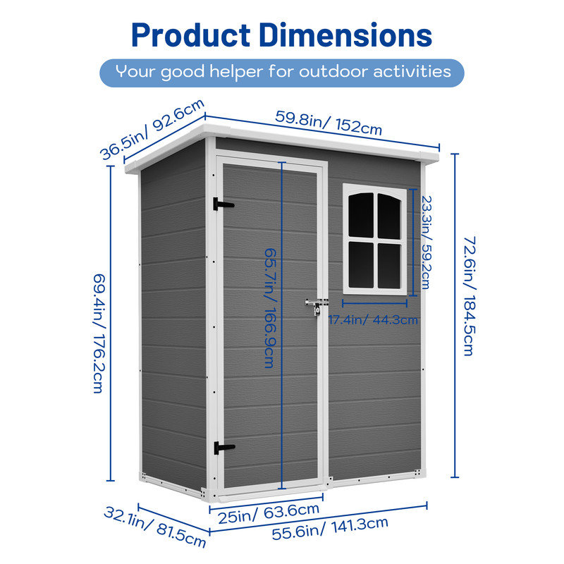 Remise de rangement extérieure en résine grise 5 x 3 pi, avec plancher, conception et fenêtre verrouillables et imperméables, pour le rangement d'outils et de jardin dans la cour, le patio, la pelouse