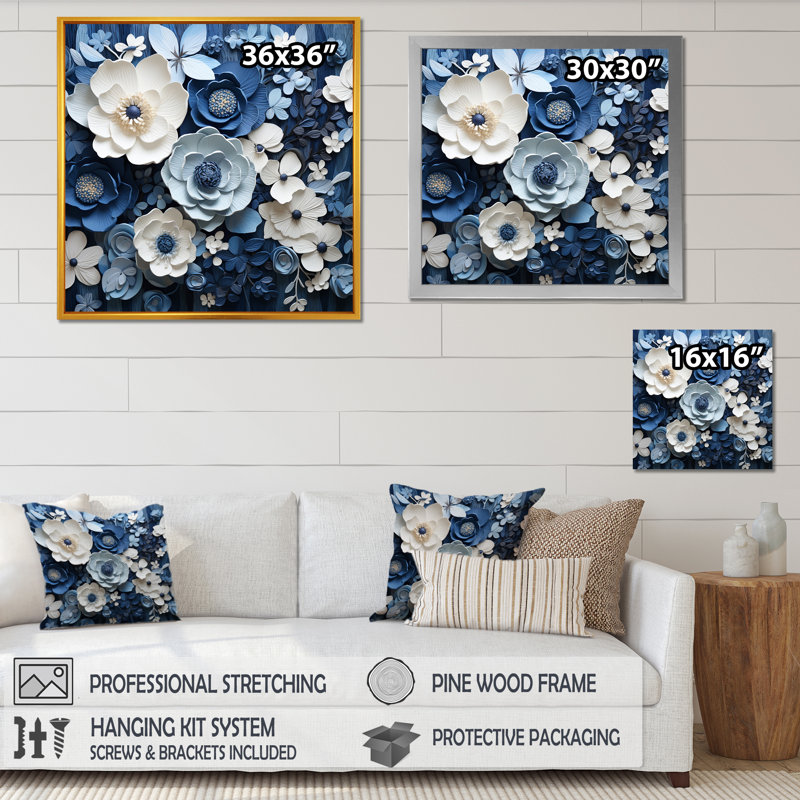 Collage de fleurs bleues et blanches saisonnier III - Fleurs, H 30 po x l 30 po x P 1 po, Toile tendue
