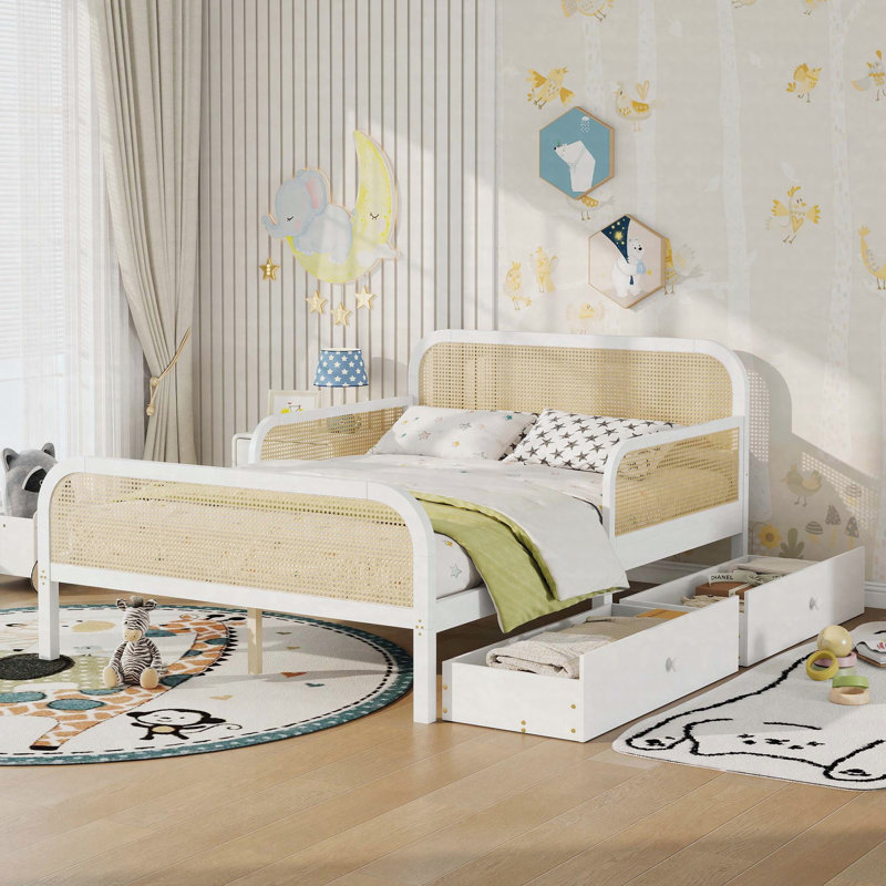 Structure de lit plateforme simple avec 2 tiroirs de rangement, lit en rotin pour enfants avec tête et pied de lit, blanc
