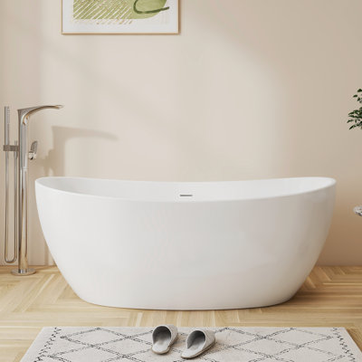 55" Acrylic Freestanding Bathtub, Free Standing Tub, Stand Alone Tub, Soaking Tub with Integrated Overflow and Drain, Gloss White