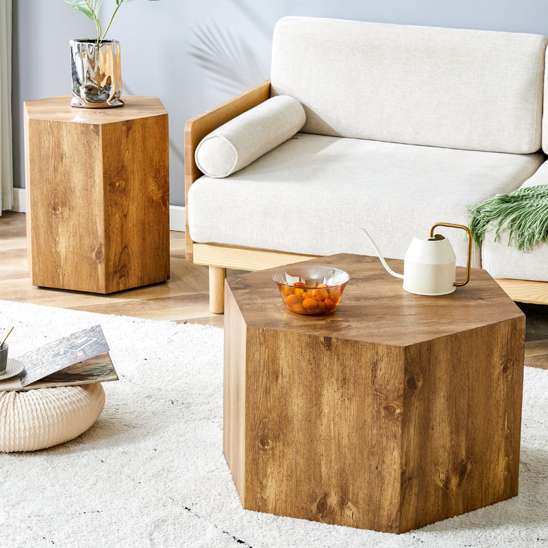 Modern Minimalist Set of Two Hexagonal Wood-Grain  Coffee Tables