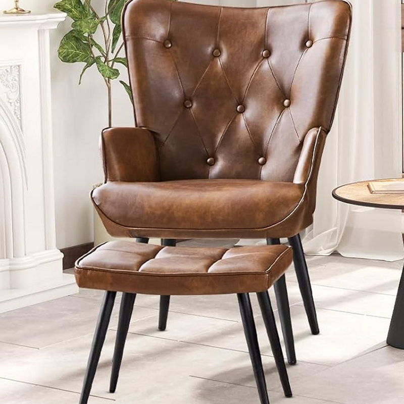 Ensemble de fauteuil à oreilles capitonné de style moderne Mid-Century avec repose-pieds, fauteuil rembourré en cuir de polyuréthane et tabouret pour le salon, la chambre à coucher