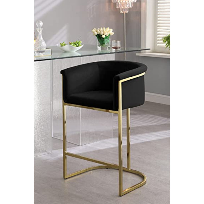 Set of 2 Andarta 27-Inch Velvet Upholstered Counter Stools with Gold Metal Frame and Shelter Arms, Black