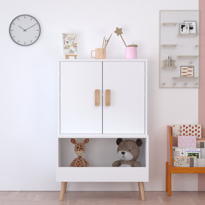 Toy Storage Cabinet With Doors And Open Shelf, White Modern Wooden Organizer With Natural Wood Legs