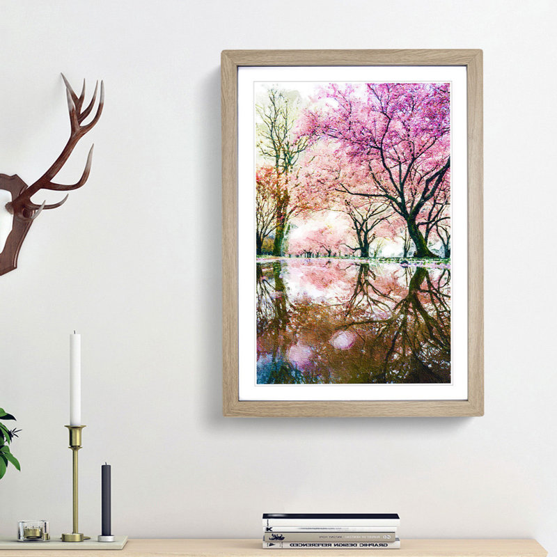 Reflection of the Pink Blossom Trees - Picture Frame Painting Print, 65cm H x 48cm W x 2cm D, Oak Framed