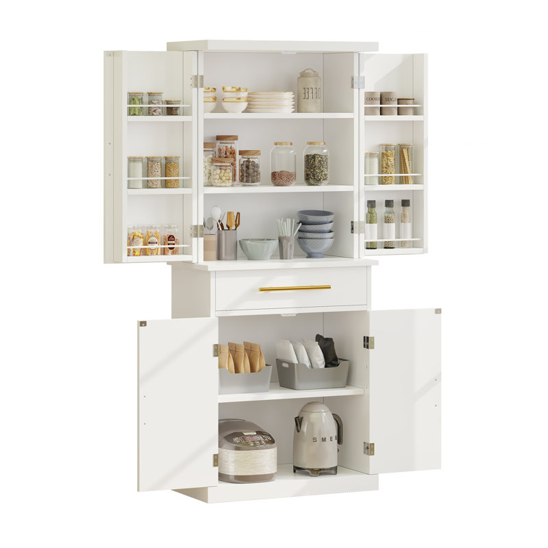 White and Gold 72" Particleboard Kitchen Pantry Cabinet with Adjustable Shelves