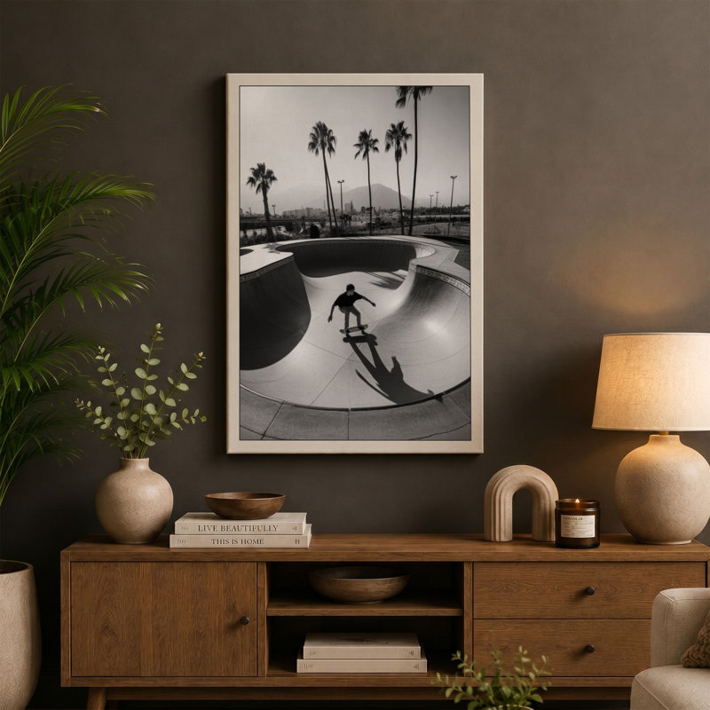 Skater in Motion Urban Art 1 Piece Wrapped Canvas Wall Art, 36x24 - 91.4 x 61.0 cm, Cream Border