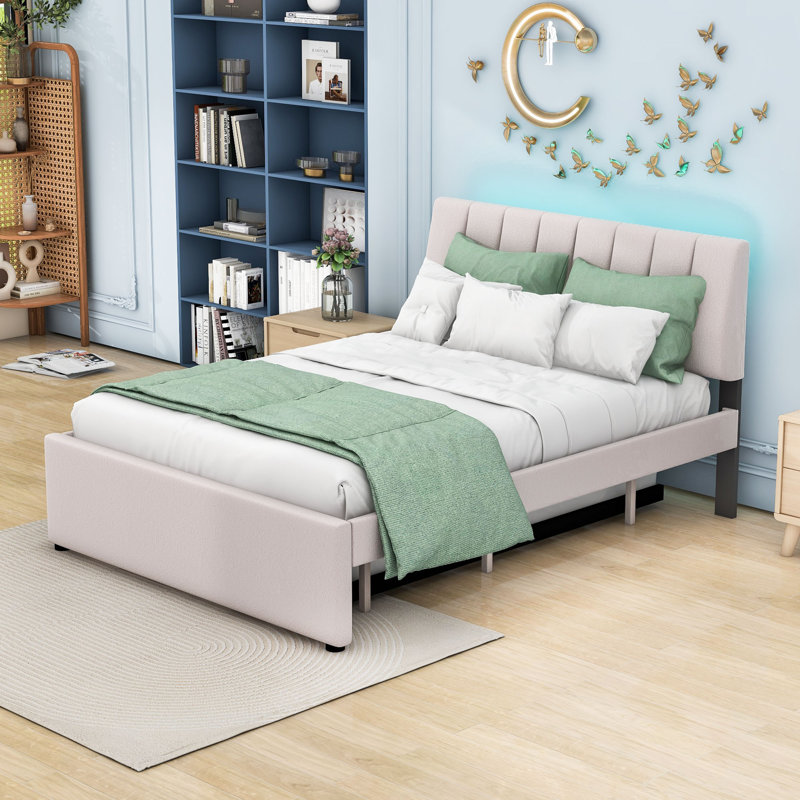 Lit double tapissier avec lit gigogne simple et DEL intelligente, Beige